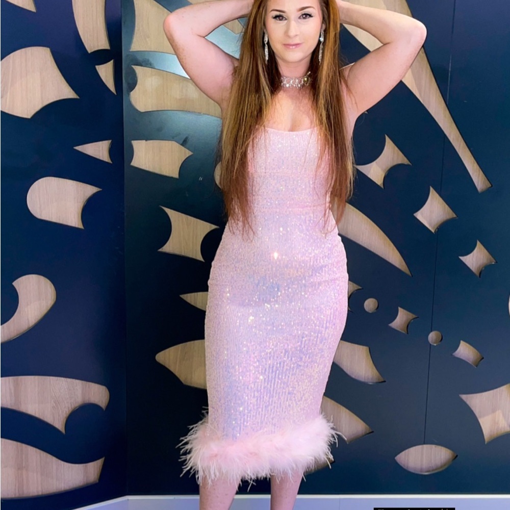 Windsor Pink Sequin Midi Dress with Feather Hem